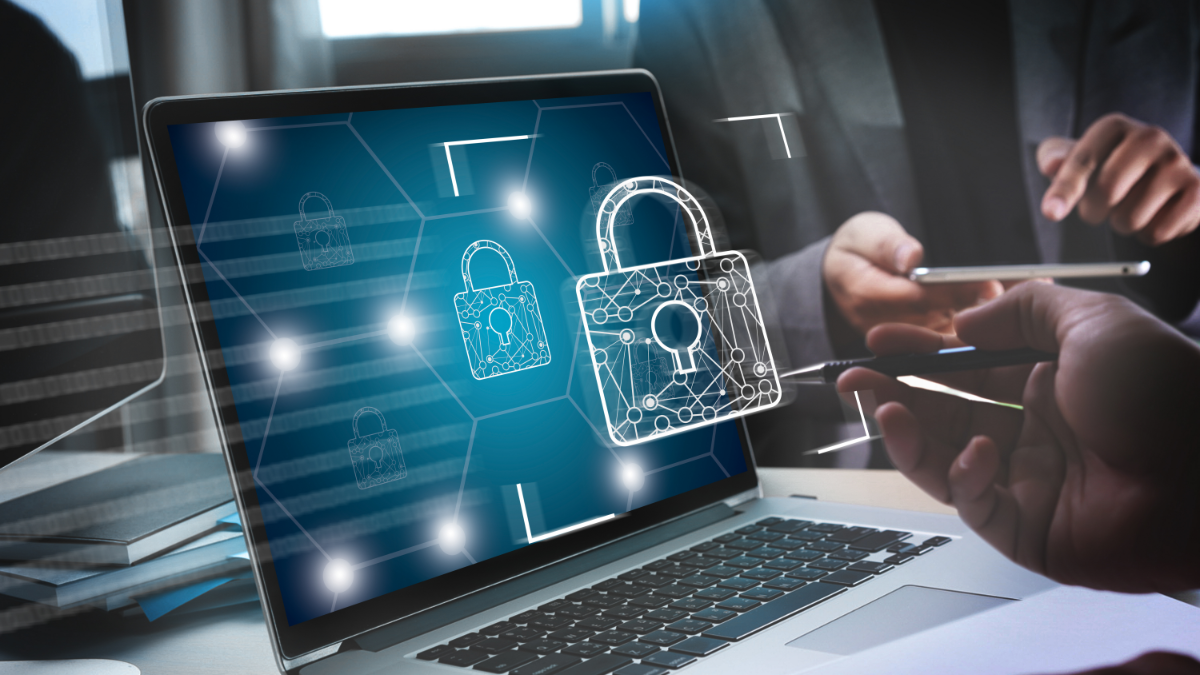 Laptop with a security sign that pops out