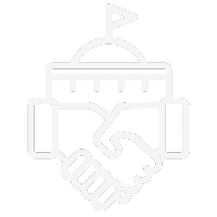 Icon of hands shaking in front of a public building